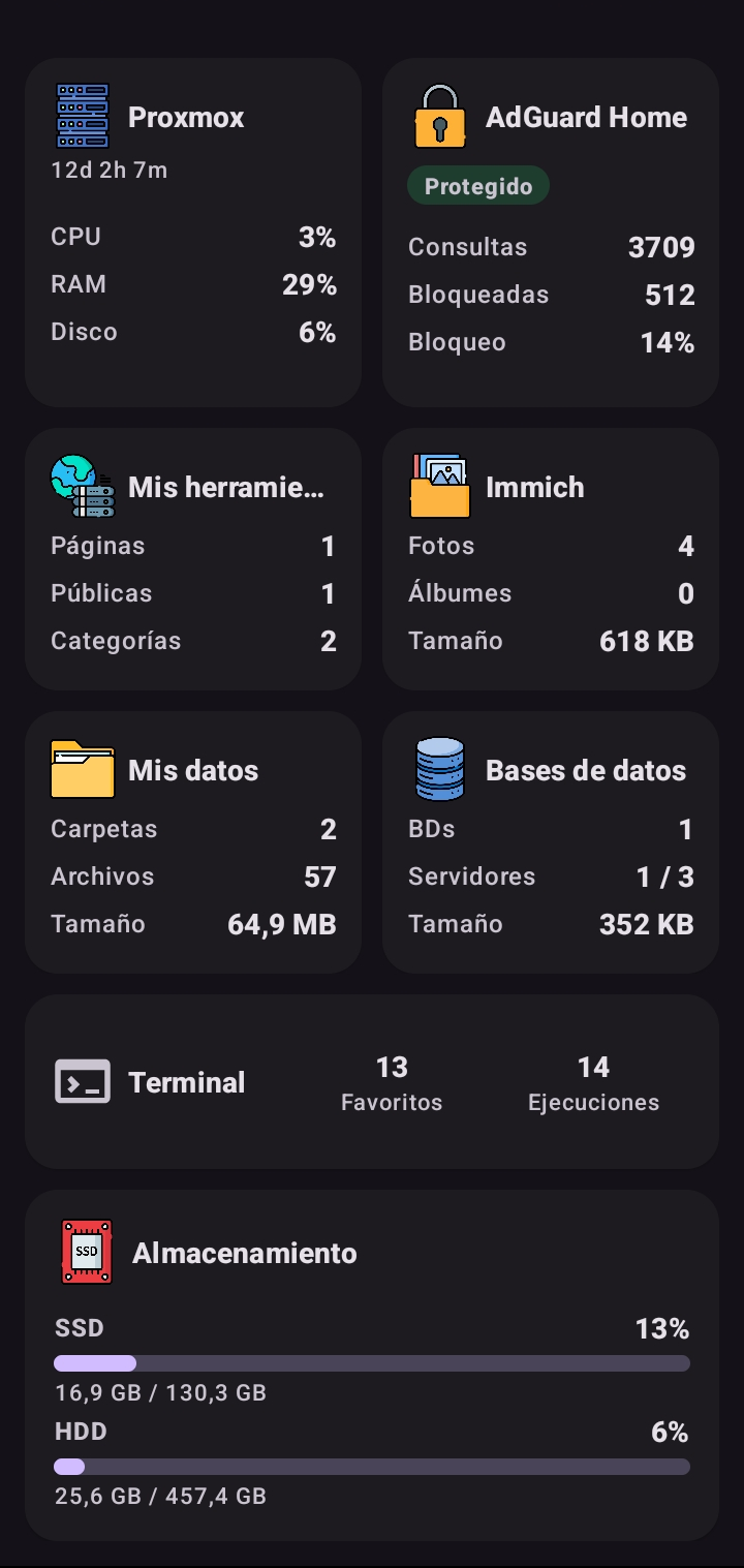 Dashboard de App de entorno con los 8 módulos visibles